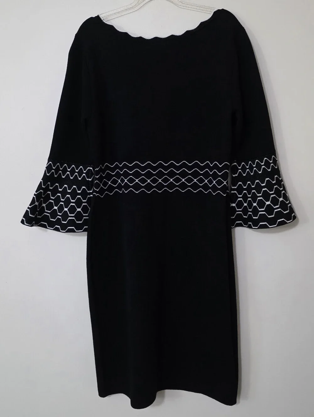 Black Sweater Dress Geometric Details Bell Sleeve 60s Mod Preppy Retro Medium